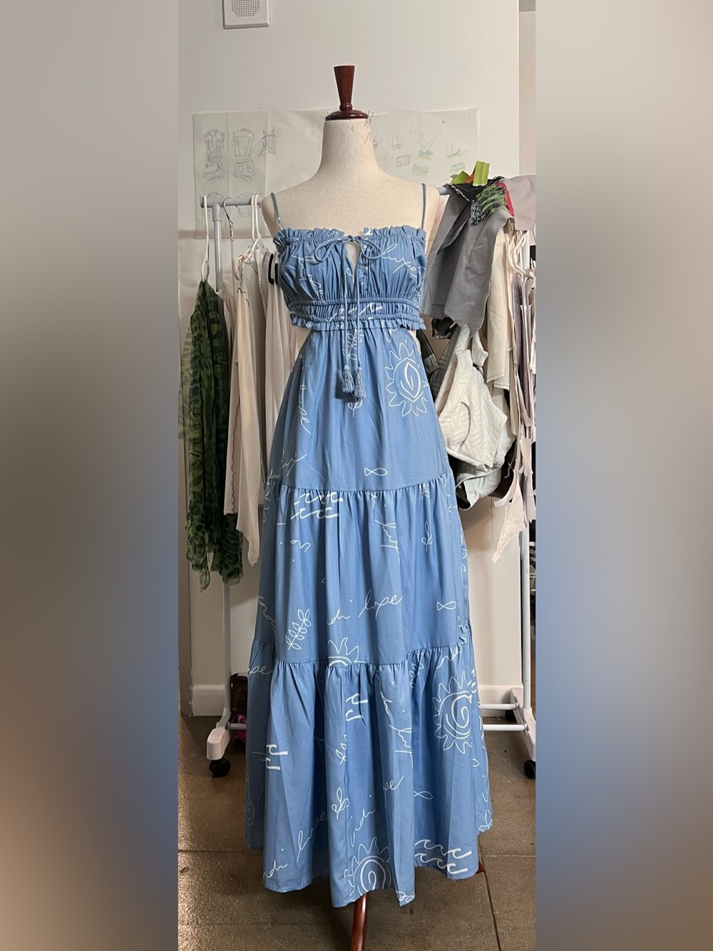 CHIC POWER BLUE RUFFLE TIE NECK CUTOUT RESORT CRINKLED TIERED MIDI SUNDRESS
